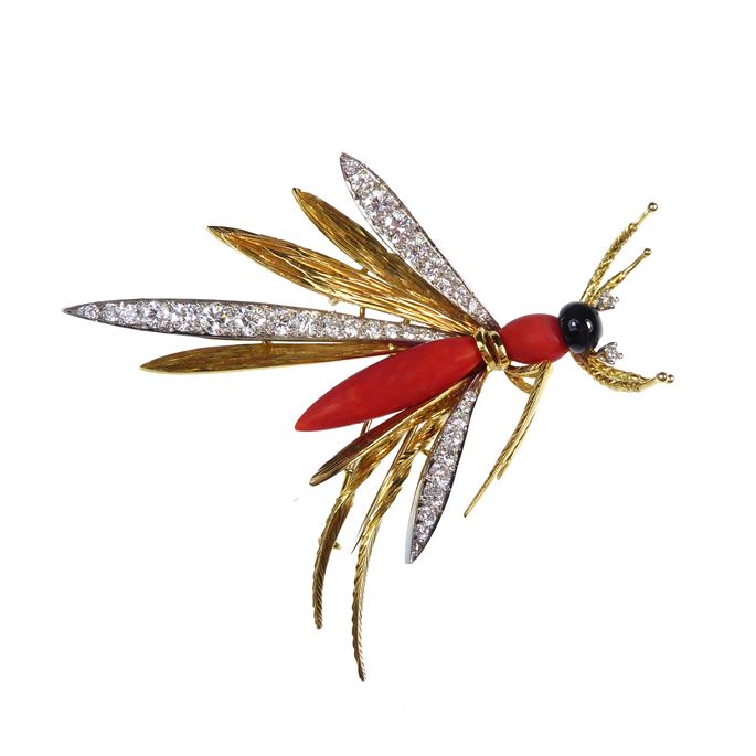   Cartier - Diamond, corallium rubrum and gold insect brooch | MasterArt